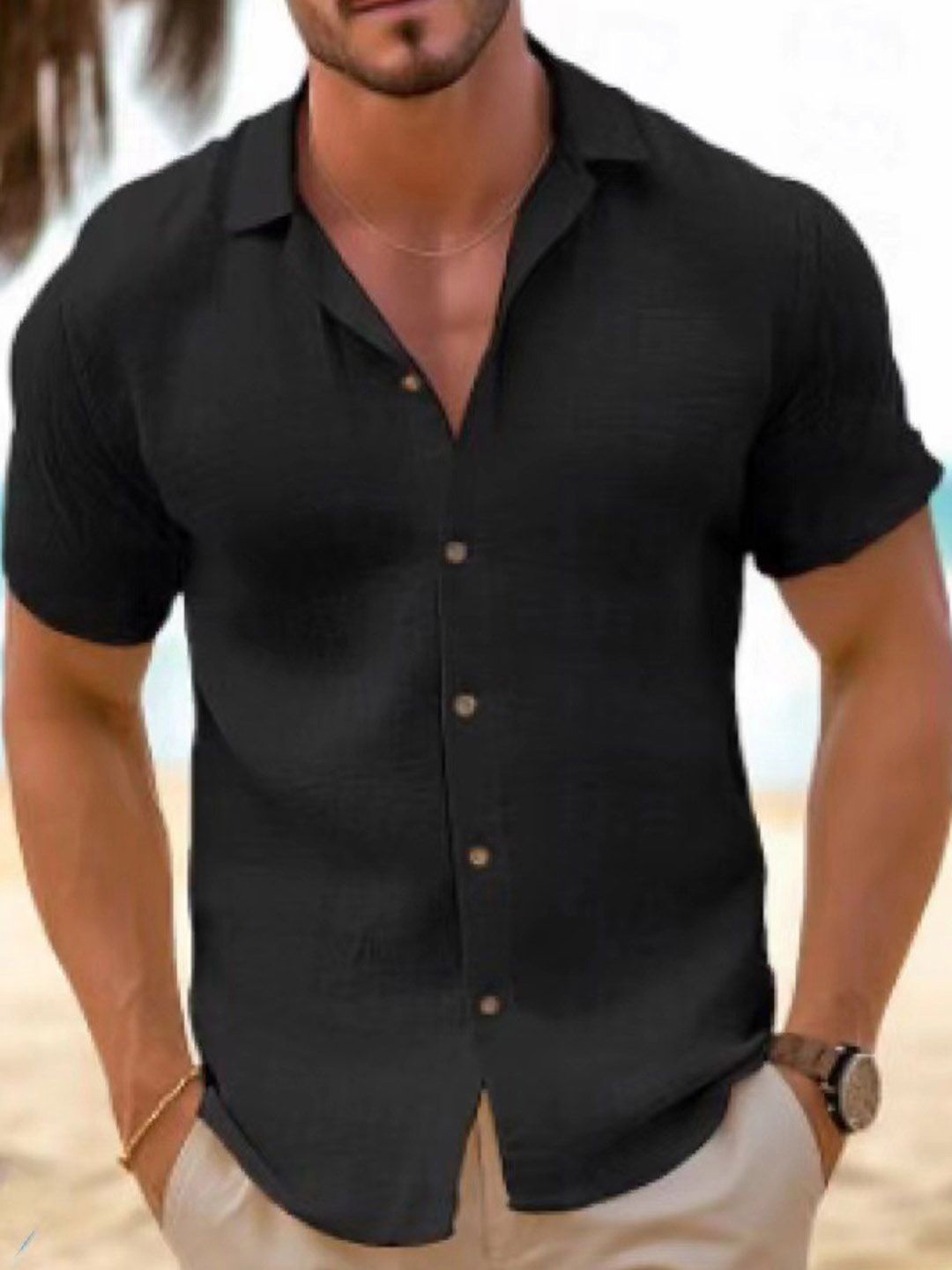 

StyleCast Men Cuban Collar Solid Cotton Casual Shirt, Black