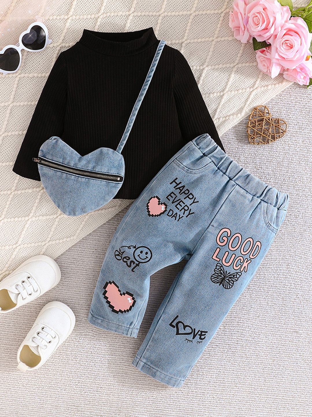 

INCLUD Girls High Neck Pullover With Denim Trousers, Black