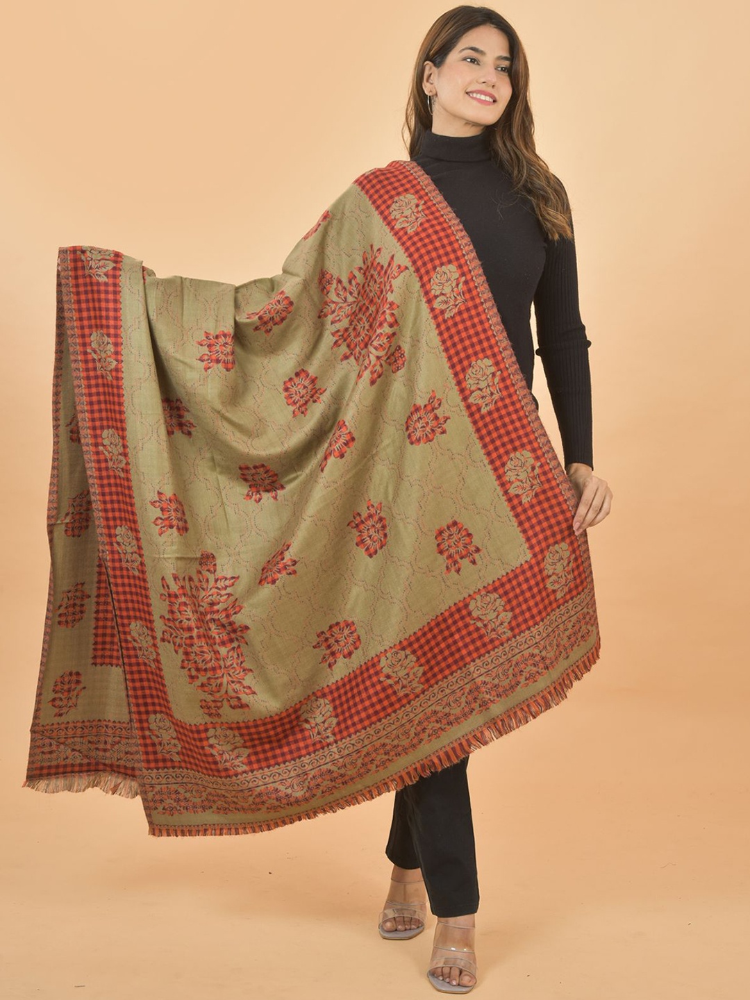 

BAISA Ethnic Motifs Woven Design Woollen Reversible Shawl, Camel brown