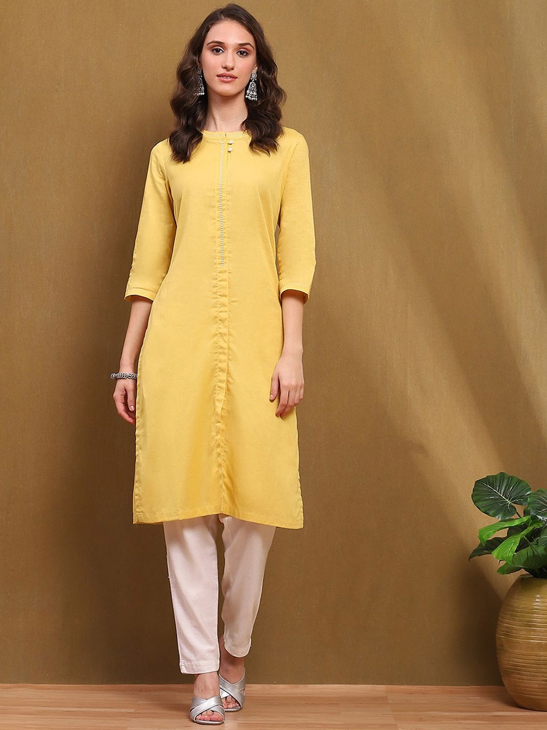 

Biba Band Collar Straight Kurta, Yellow