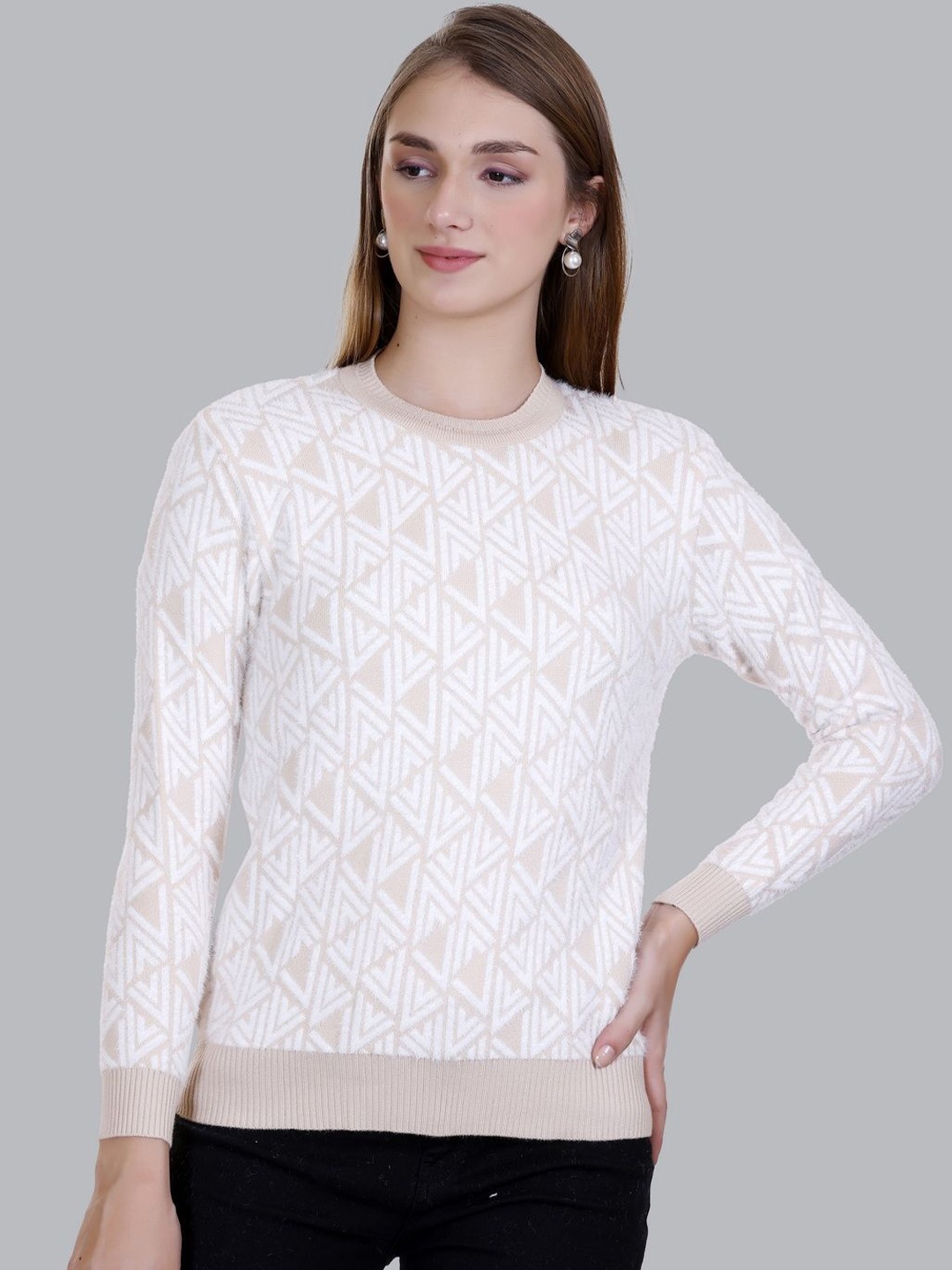 

SOSHAGUN OSWAL Women Self Design Woollen Casual Pullover, Beige