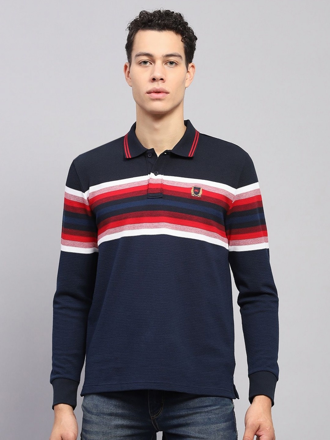 

Monte Carlo Men Striped Polo Collar Cotton T-shirt, Navy blue