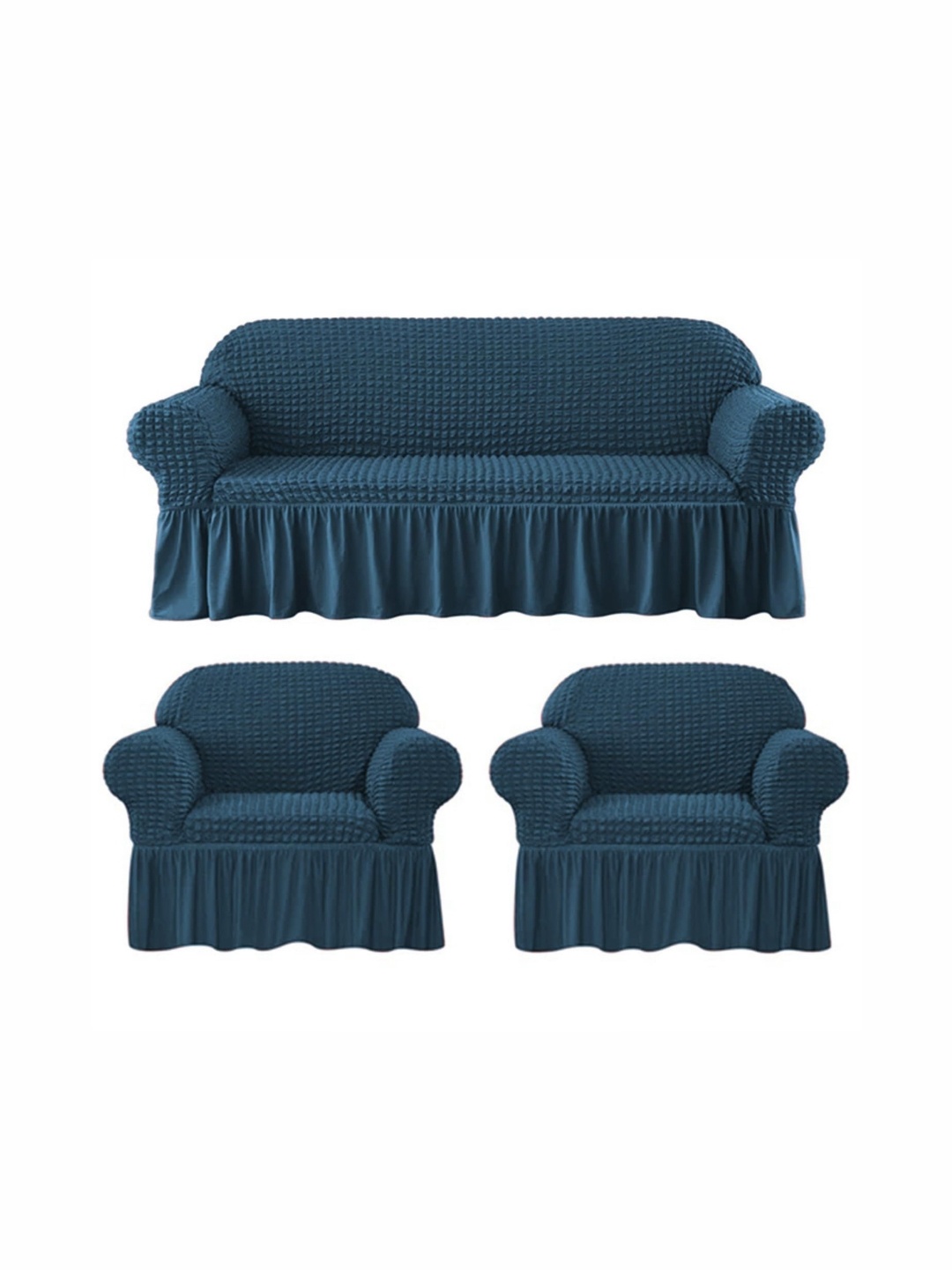 

Lukzer Teal Blue 3 Pieces Self Design Sofa Cover With Arms