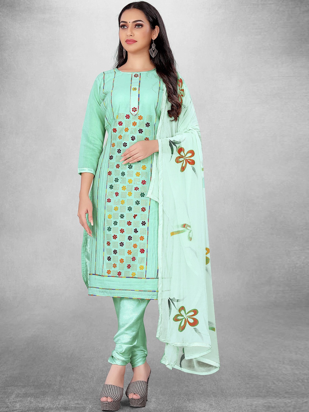 

Maroosh Floral Embroidered Cotton Unstitched Dress Material, Sea green