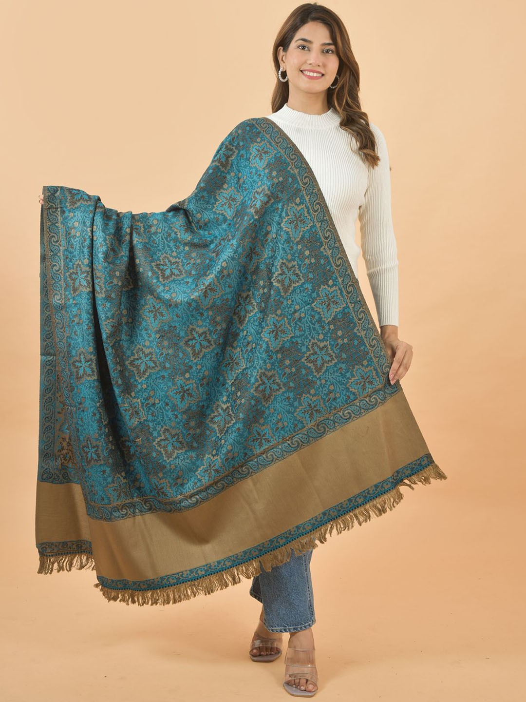 

BAISA Floral Woven Design Woollen Shawl, Green