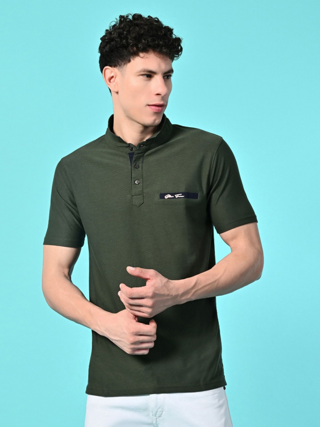 

STARFOX Men Solid Mandarin Collar Cotton Slim Fit T-shirt, Olive