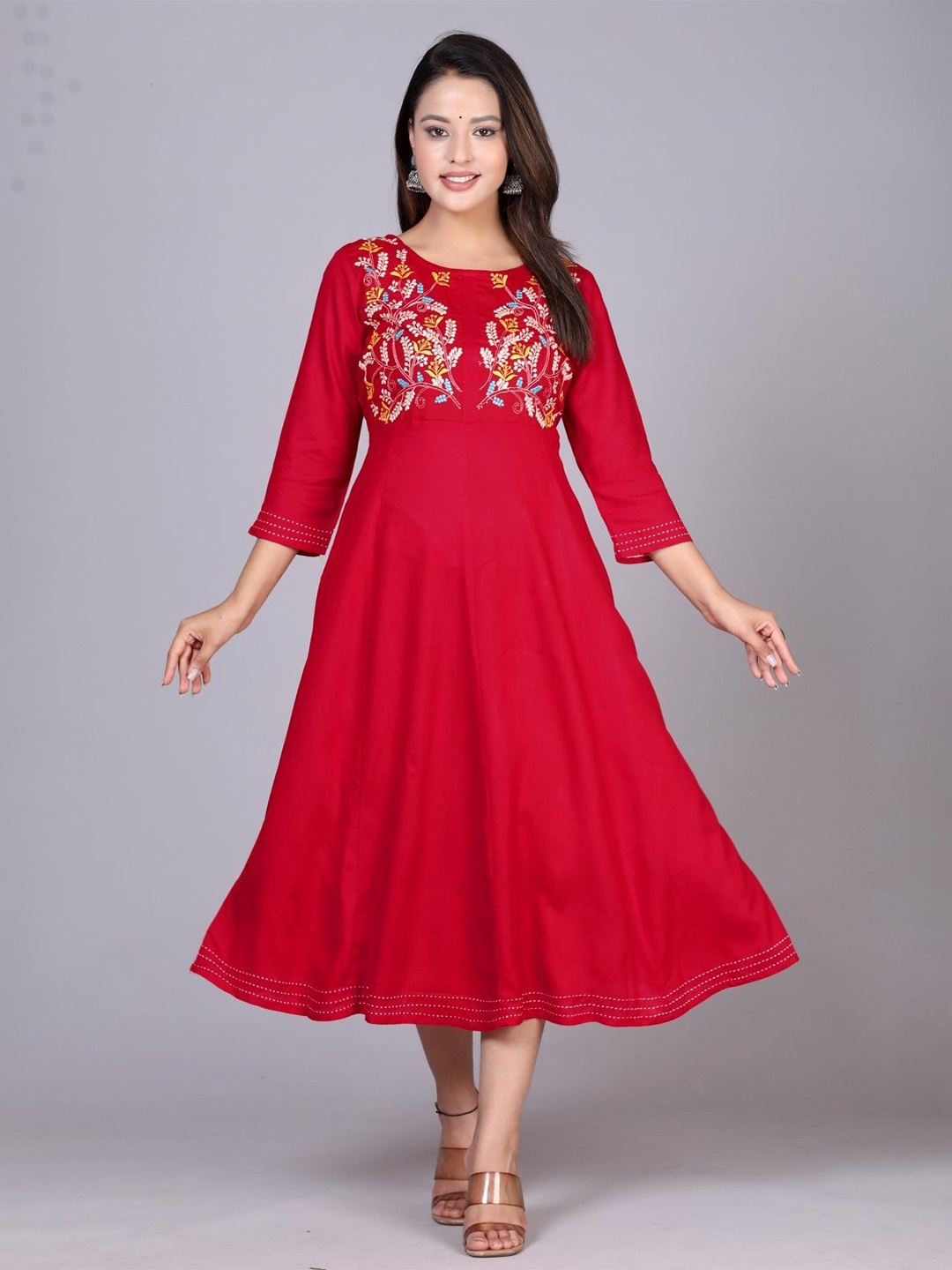 

ANTU KURTIES Women Embroidered Fit & Flare Maxi Dress, Red