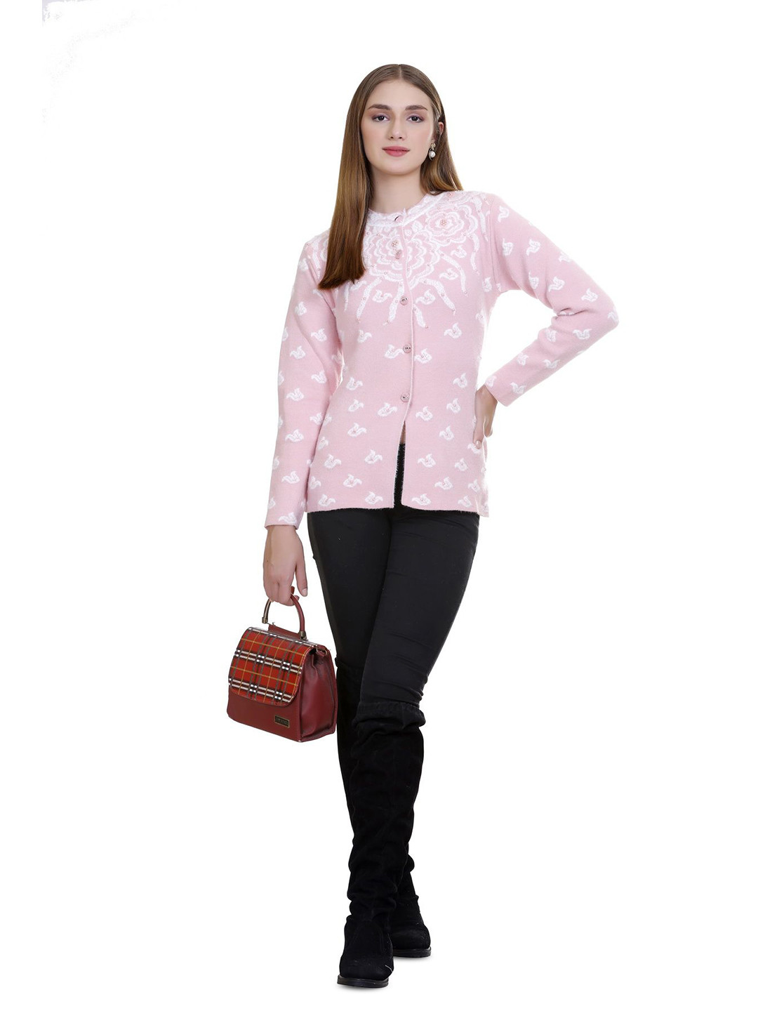 

SOSHAGUN OSWAL Women Floral Printed Woollen Winter Cardigan, Peach