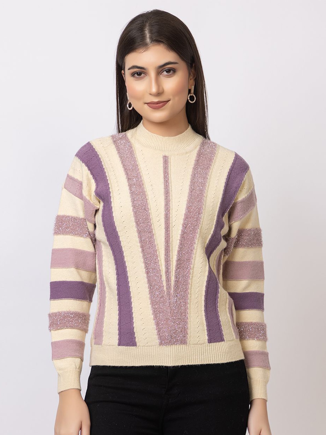 

GFO Women Self Design Pullover Sweaters, Cream
