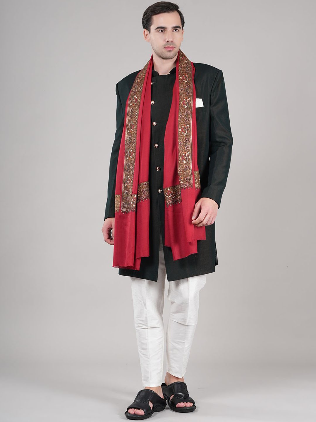 

MUFFLY Floral Embroidered Thread Work Medium Pashmina Pure Wool Shawl, Maroon