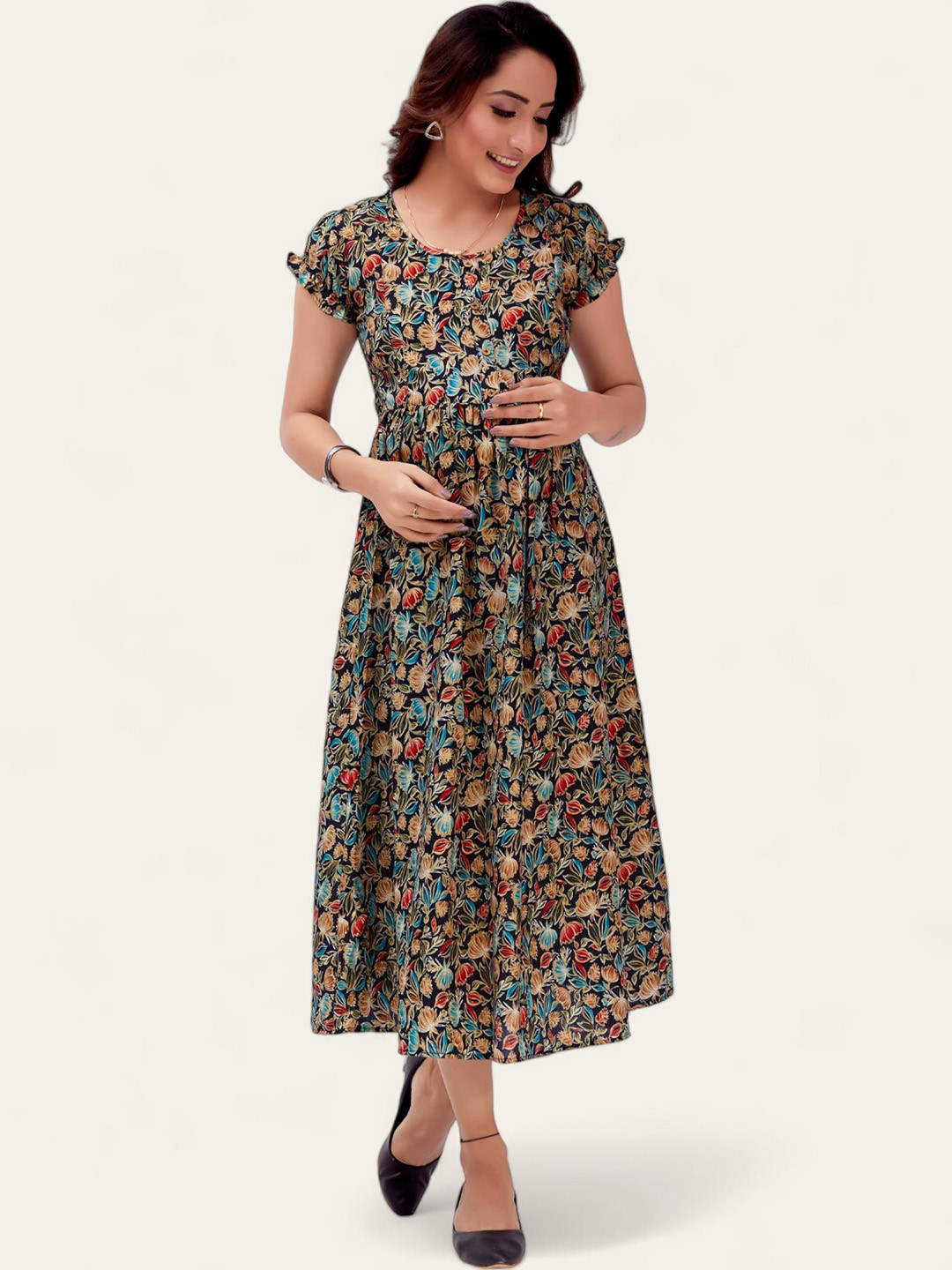 

RITIJYA Women Floral Printed Maternity Fit & Flare Maxi Dress, Blue