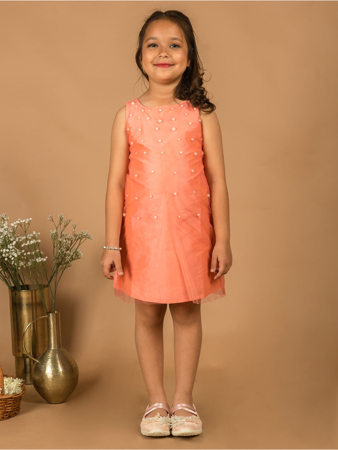 

KASYA Girls Self Design A-Line Dress, Peach