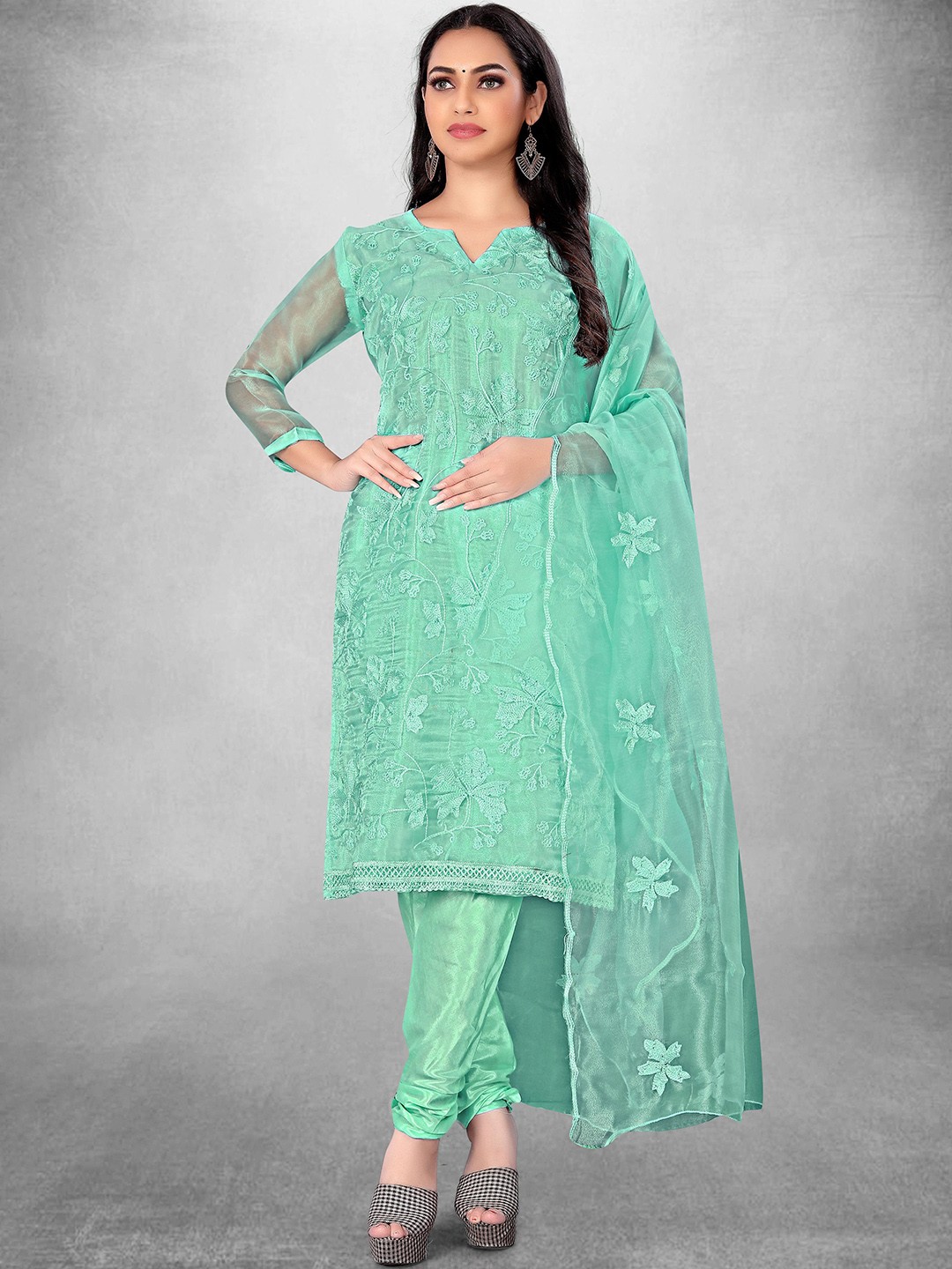 

Maroosh Floral Embroidered Organza Unstitched Dress Material, Sea green