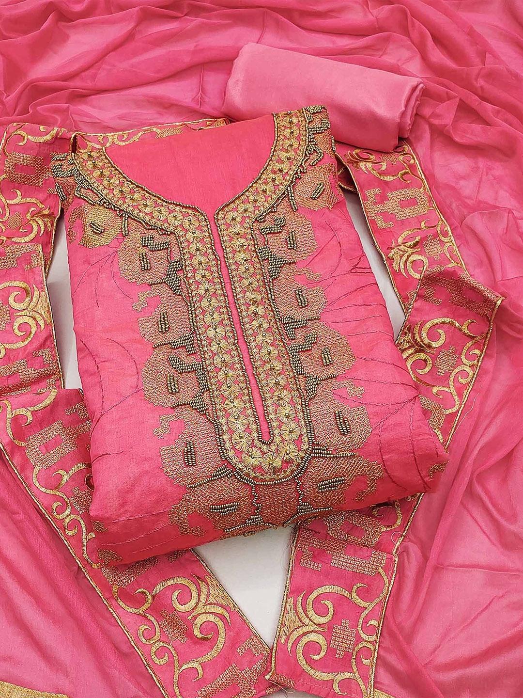 

Peachmode Floral Embroidered Beads and Stones Unstitched Dress Material, Pink