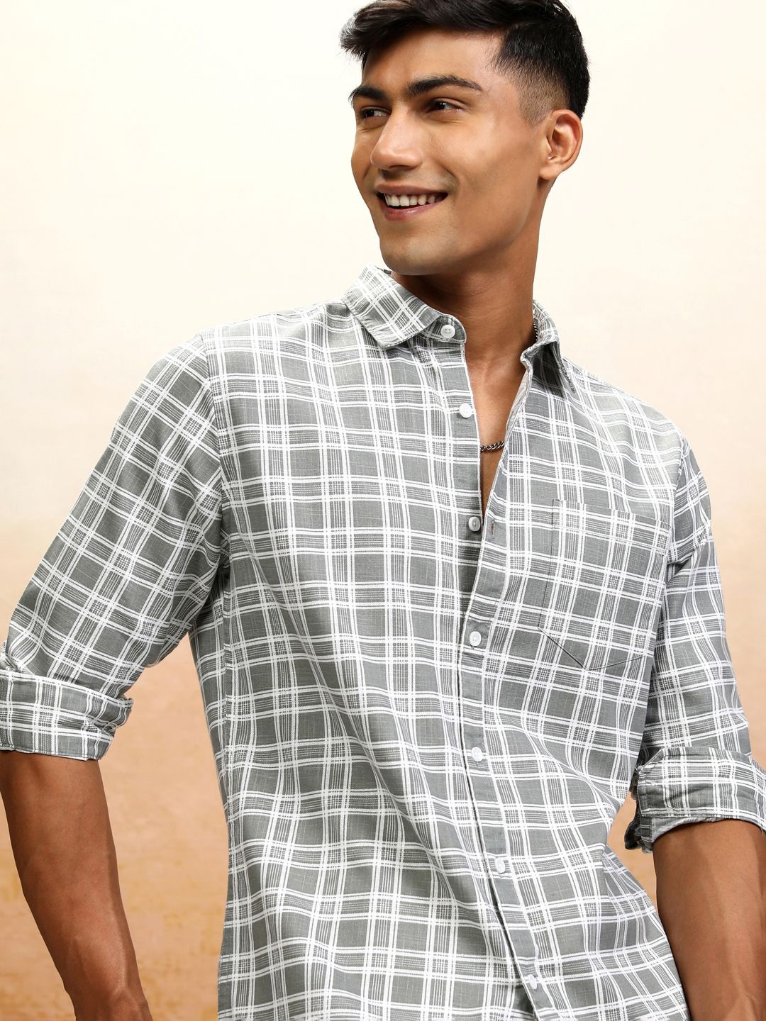 

Highlander Men Cotton Linen Printed Checked Casual Shirt, Grey