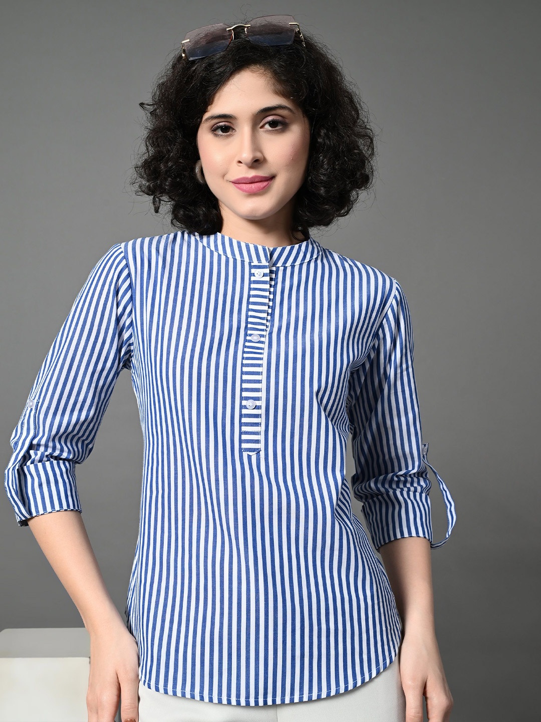 

Roadster Women Vertical Stripes Striped Cotton Top, Navy blue