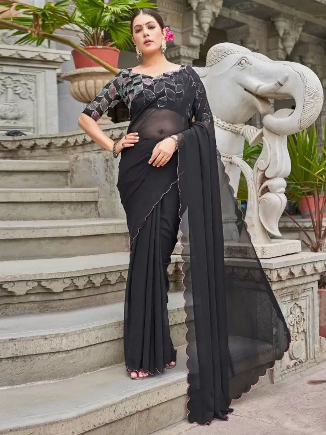 

ODETTE Solid Saree With Blouse Piece, Black