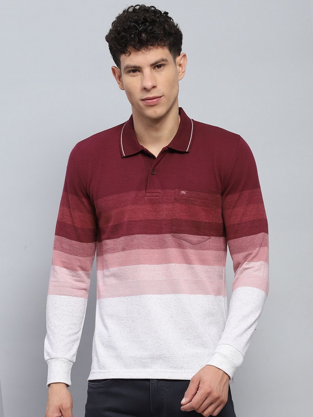 

Monte Carlo Men Striped Polo Collar Cotton T-shirt, Maroon