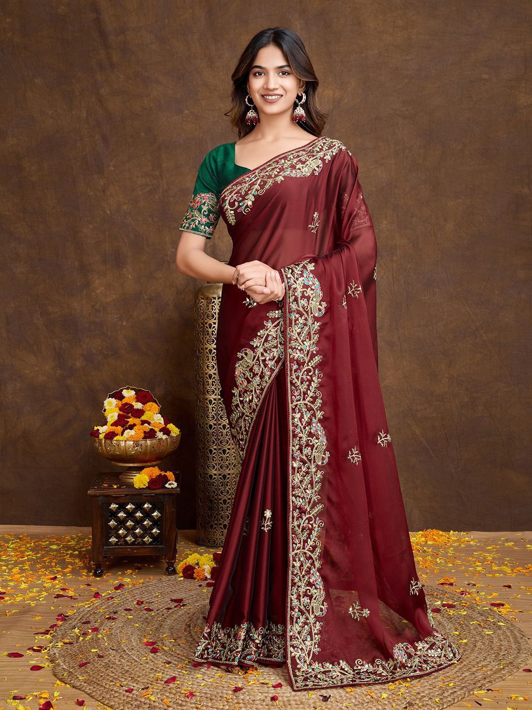 

VenderVilla Floral Zari Embroidered Festive Saree, Maroon