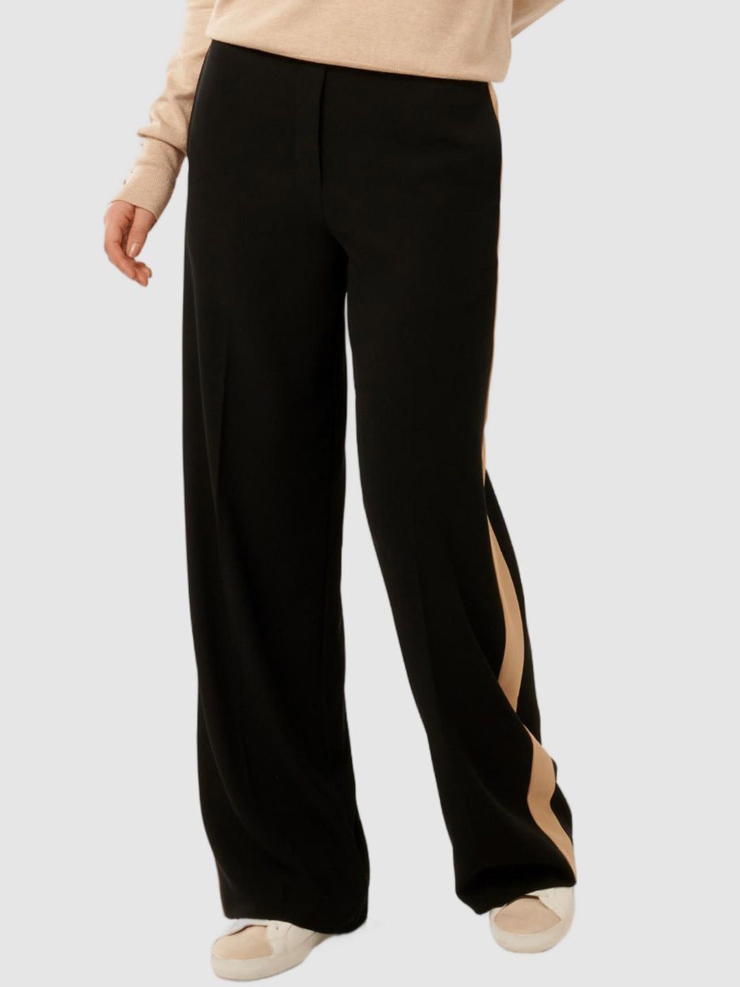 

Forever New Women Striped Relaxed Straight Fit High-Rise Trousers, Black