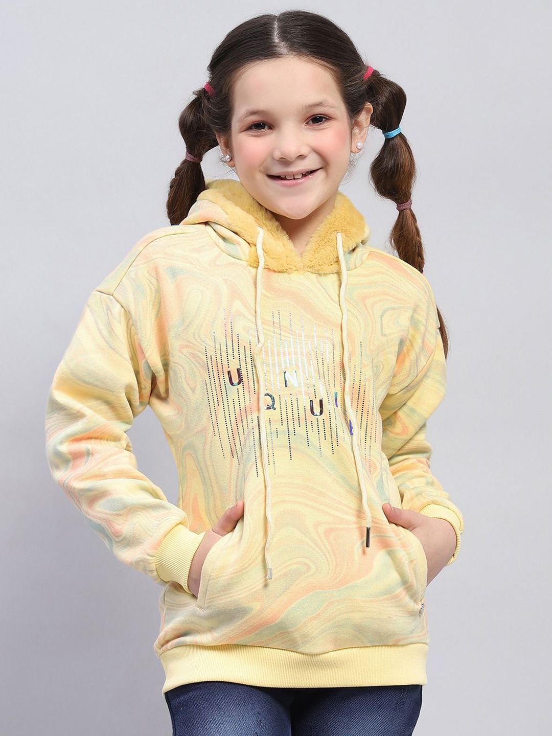 

Monte Carlo Girls Cotton Abstract Printed Hooded Sweatshirt, Yellow