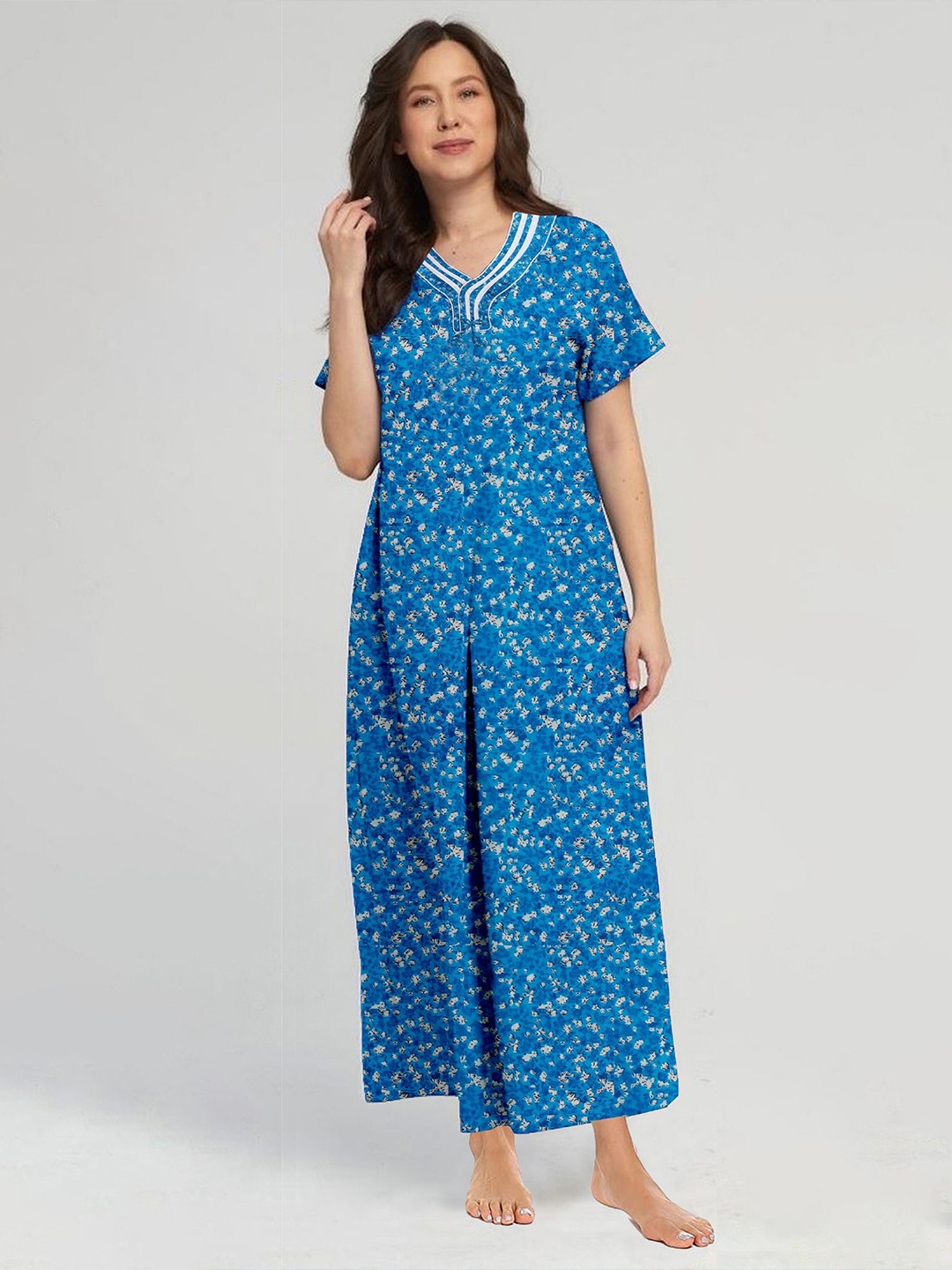 

CAMISON Women Printed Pure Cotton Maxi Nightdress, Blue