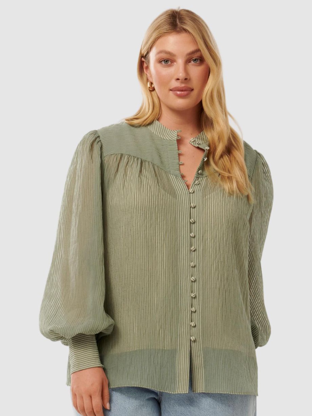 

Forever New Women Striped Blouson Casual Top, Green