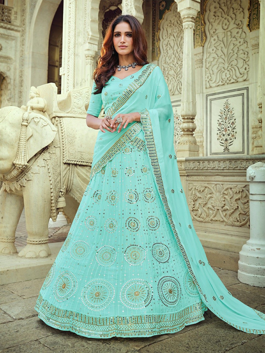 

ODETTE Embellished Semi-Stitched Lehenga & Blouse With Dupatta, Sea green