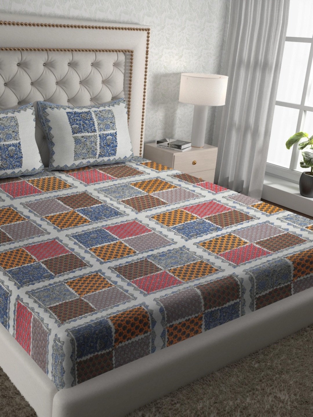 

Aura Blue & Grey Ethnic Motifs Pure Cotton 120 TC Queen Bedsheet Set 2.35 x 2.15 Mts