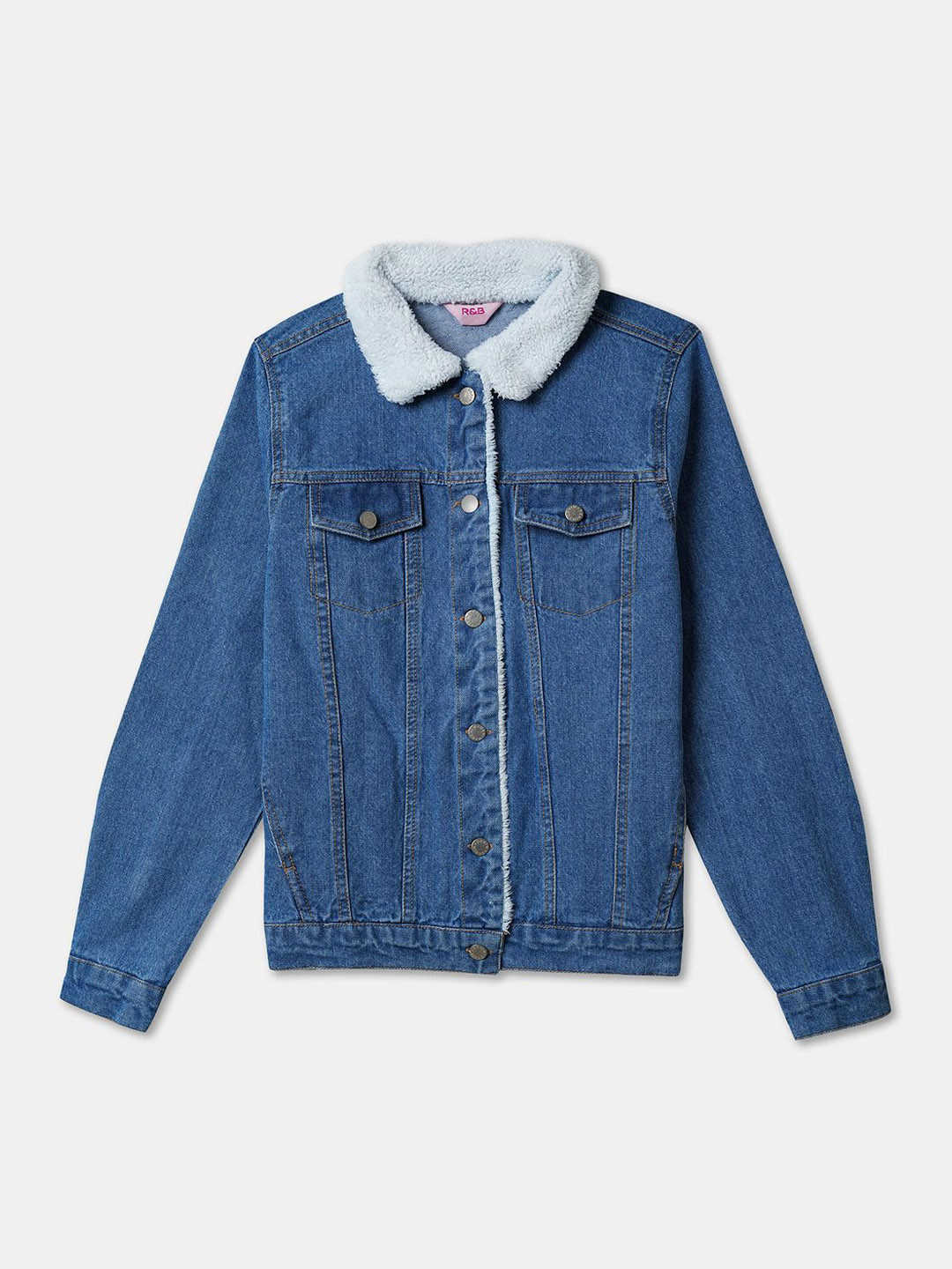 

R&B Girls Spread Collar Solid Denim Casual Denim Jacket, Blue