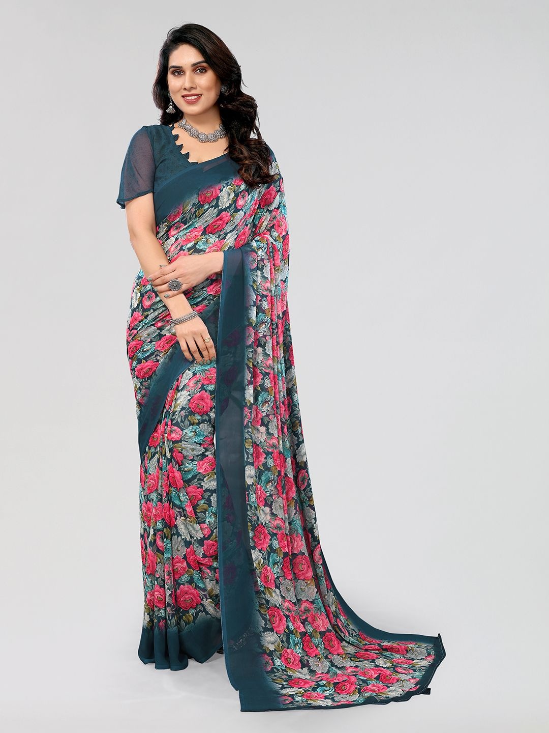 

ANAND SAREES Floral Printed Saree With Unstitched Blouse Piece, Green