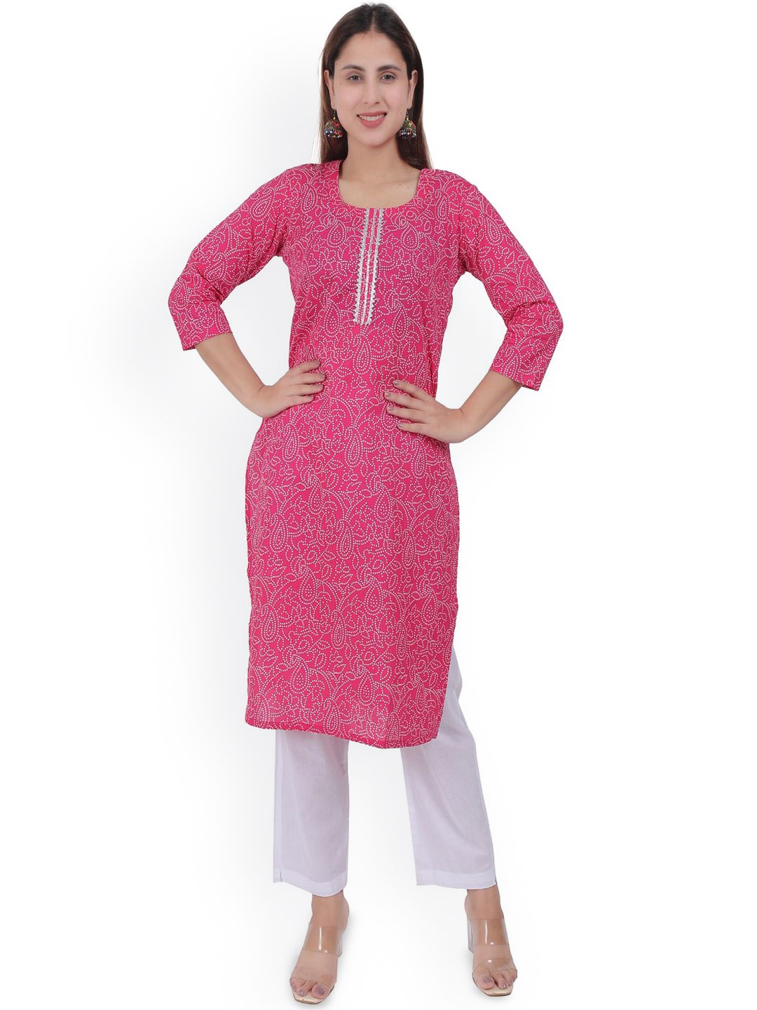 

Anikrriti Bandhani Printed Regular Straight Kurta with Palazzos, Pink