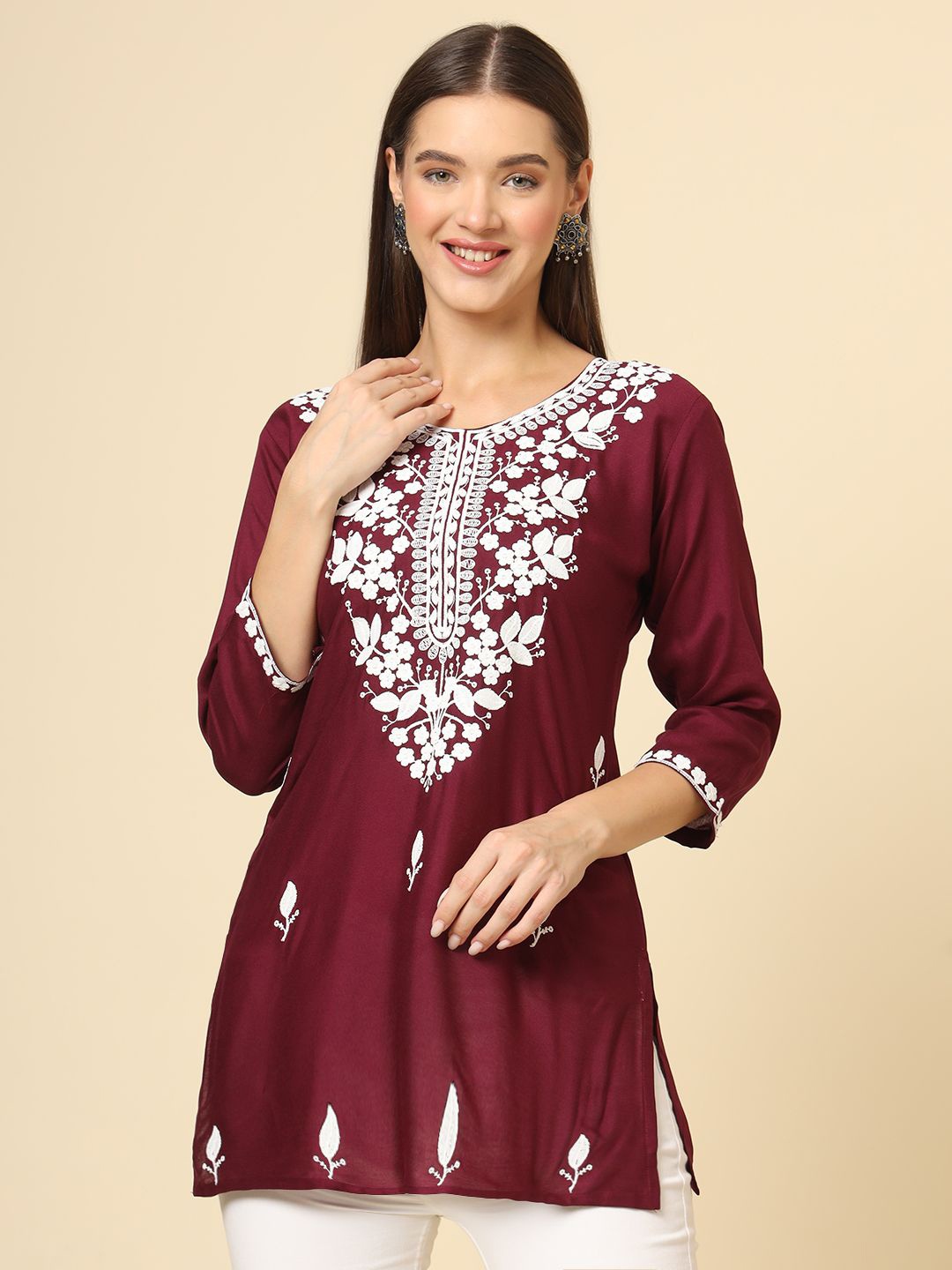 

HERE&NOW Women Floral Embroidered Thread Work Kurti, Maroon