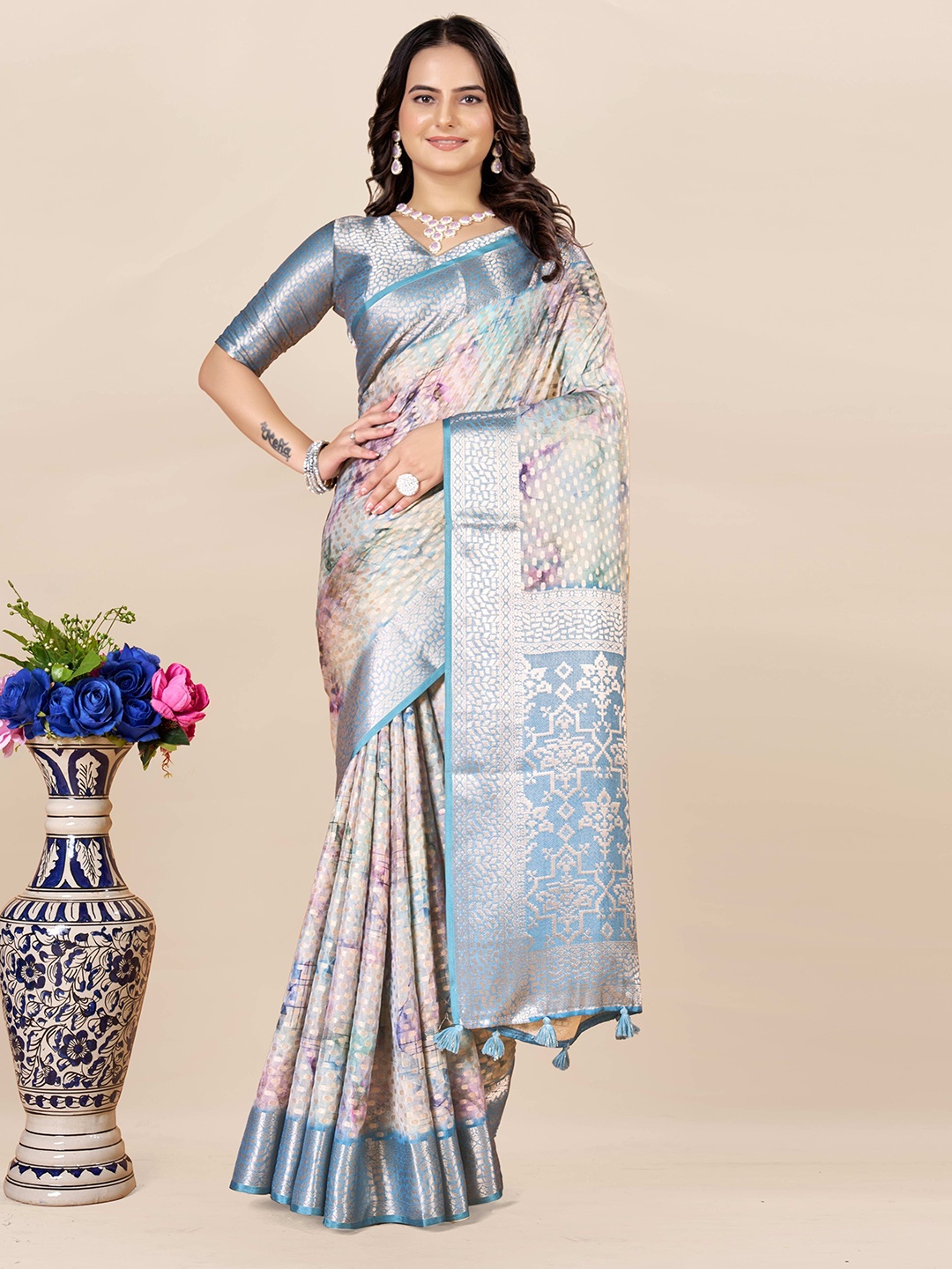 

ETHNIC TODAY Woven Design Floral Saree, Blue