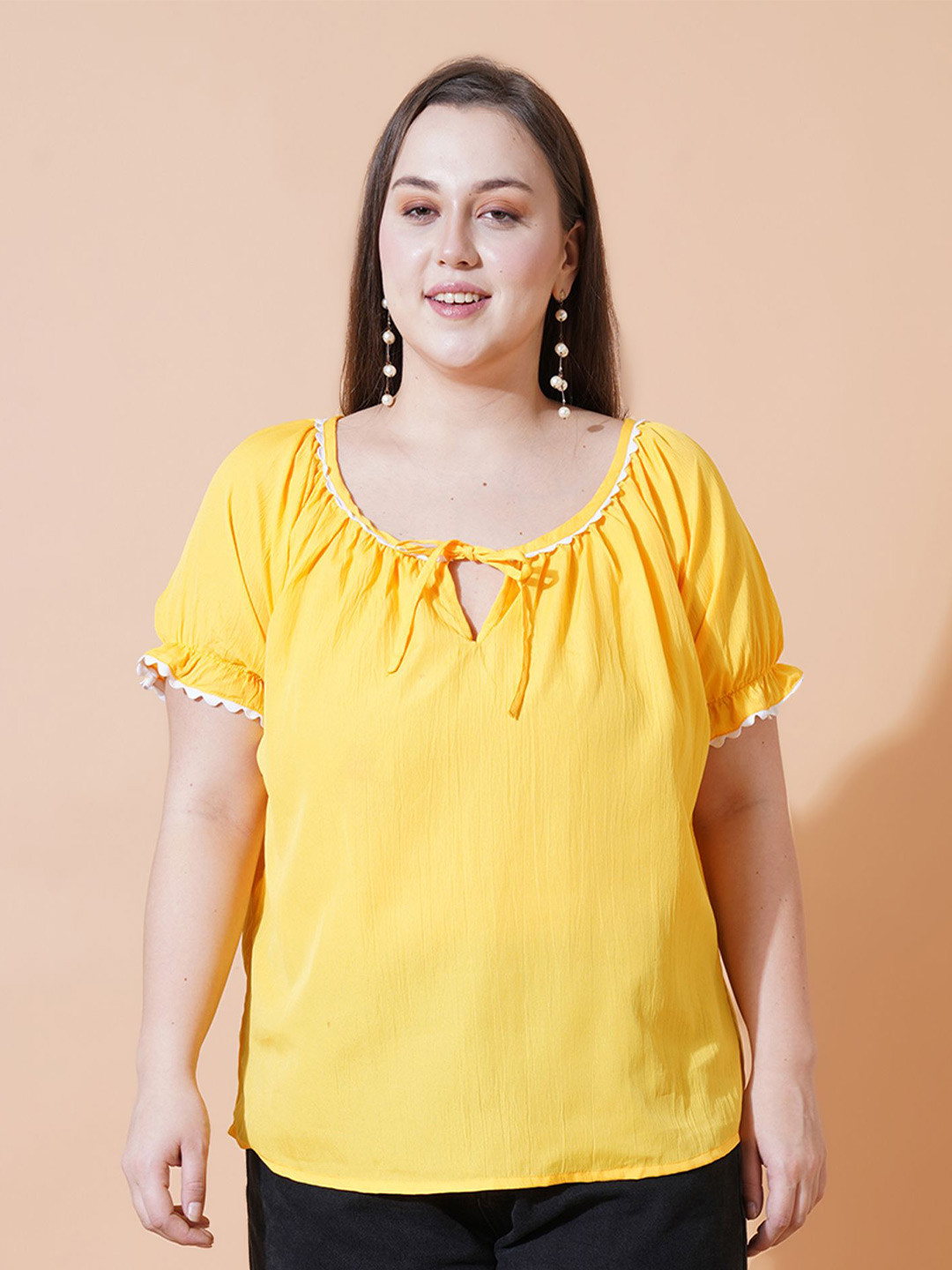 

U&F Beyond Women Solid Tie-Up Neck Bell Sleeve Crepe Top, Yellow