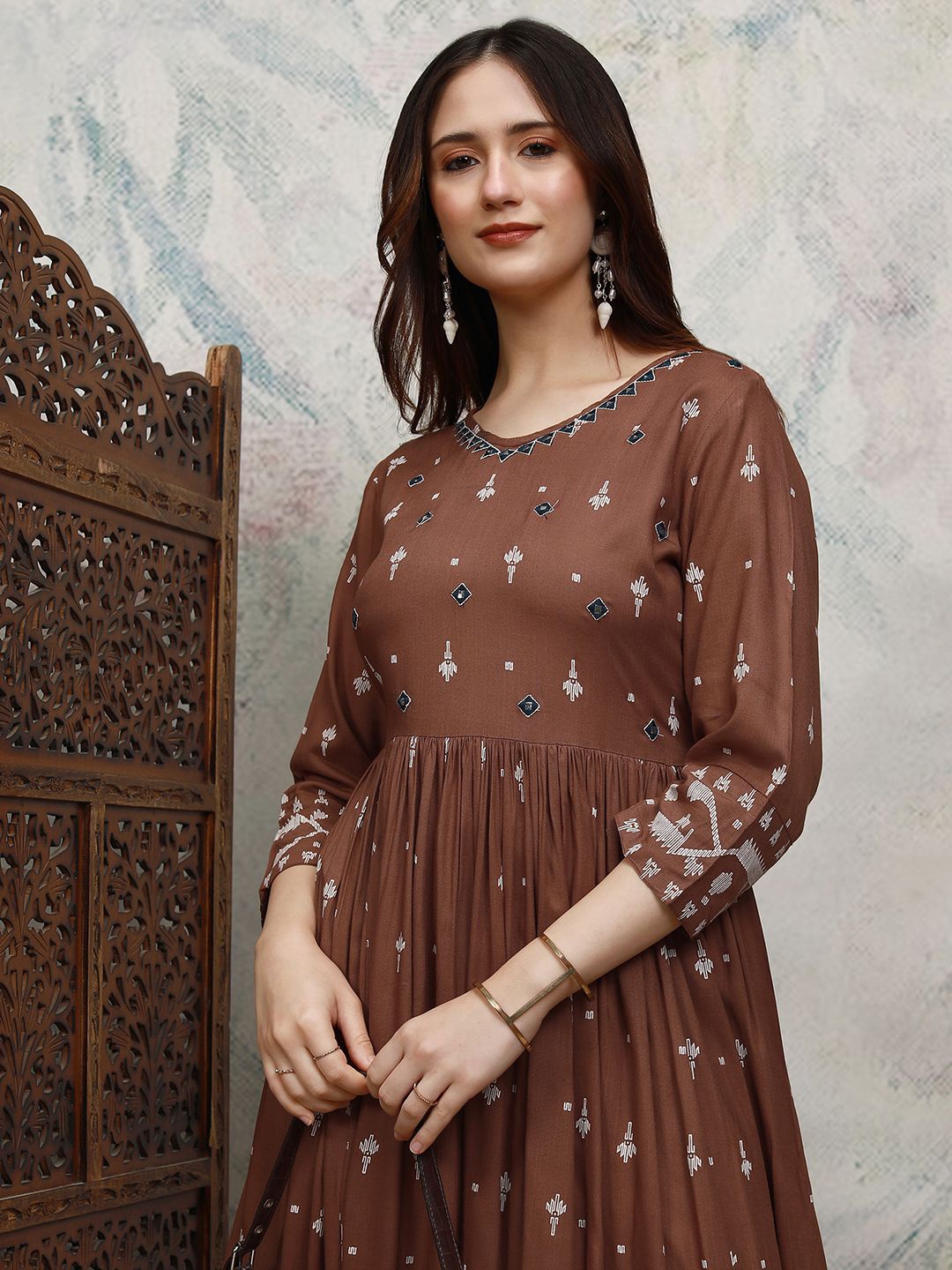 

Vishudh Women Ethnic Motifs Embroidered Maxi Dress, Brown