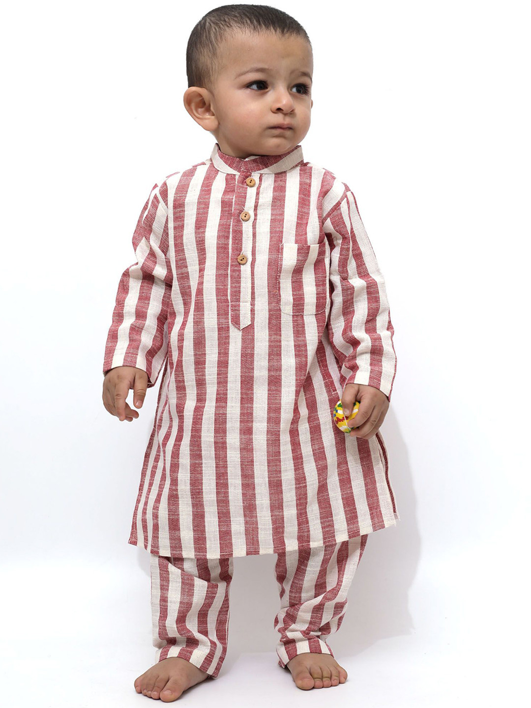 

TJORI Boys Striped Regular Pure Cotton Kurta with Pyjamas, Red