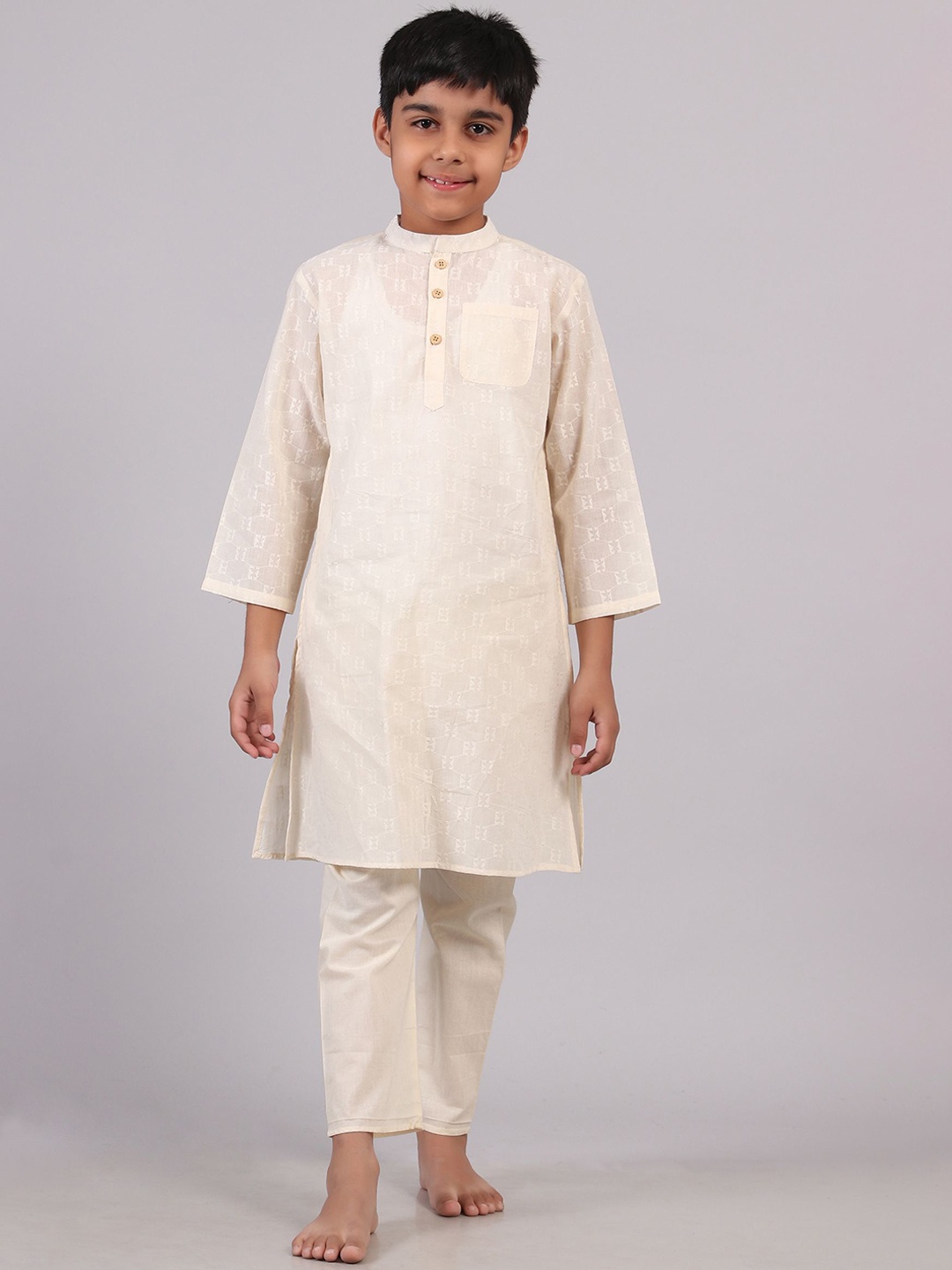 

TJORI Boys Embroidered Pure Cotton Kurta with Pyjamas, Off white