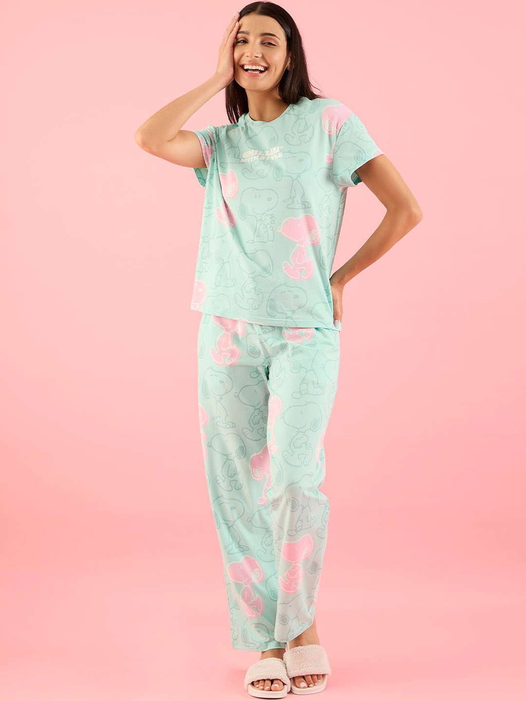 

Sweet Dreams Women Cartoon Characters Printed Pure Cotton Night suit, Sea green