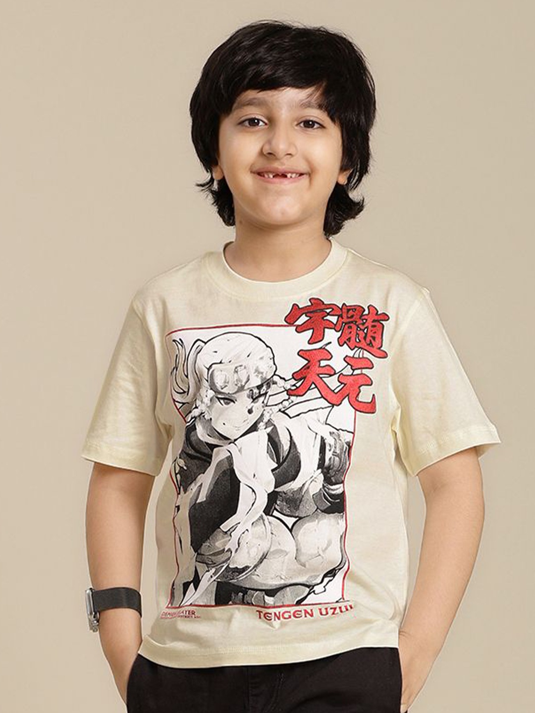 

Kids Ville Boys Demon Slayer Printed Round Neck Cotton T-shirt, Off white
