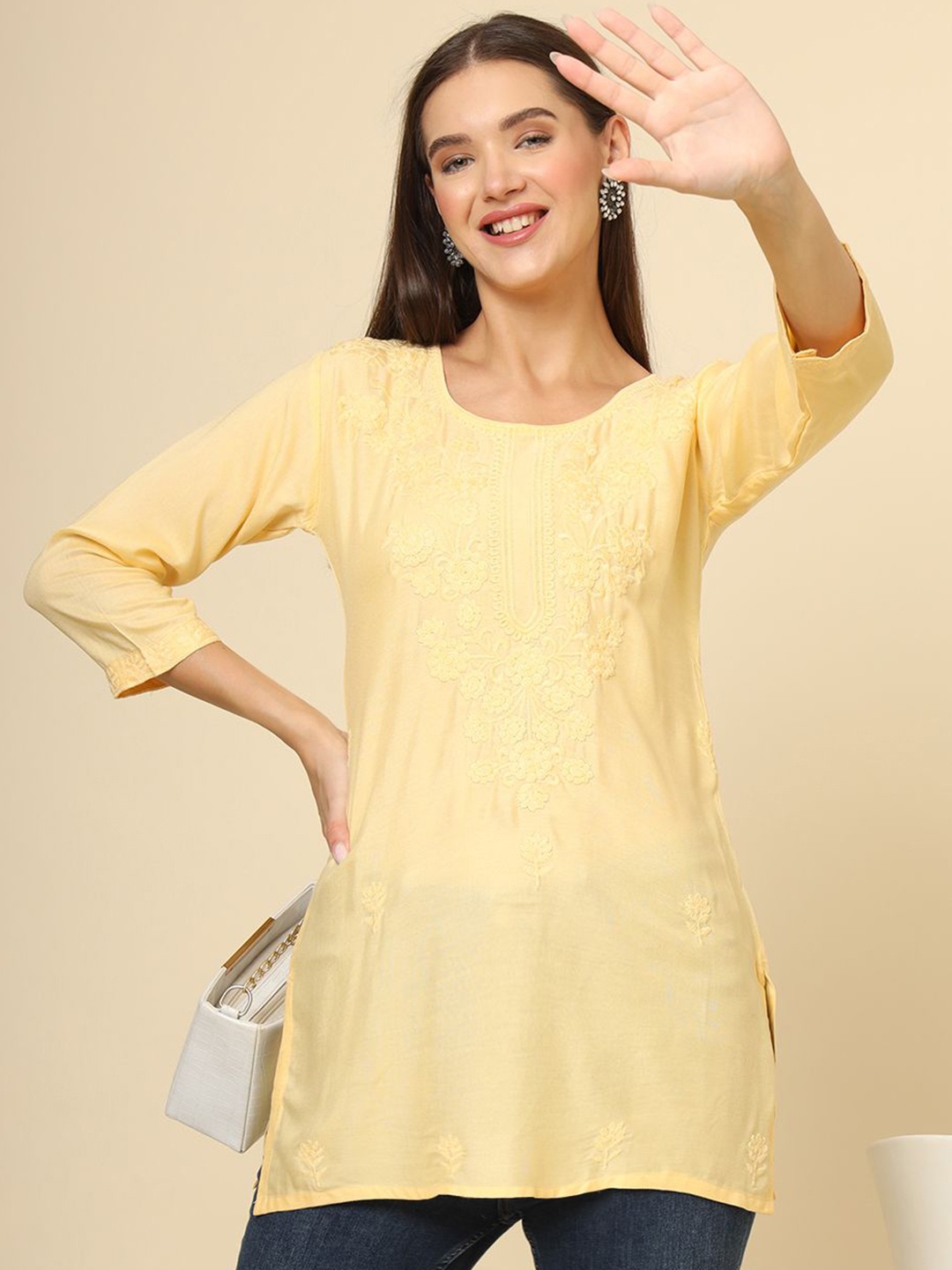 

HERE&NOW Floral Embroidered Thread Work Kurti, Yellow