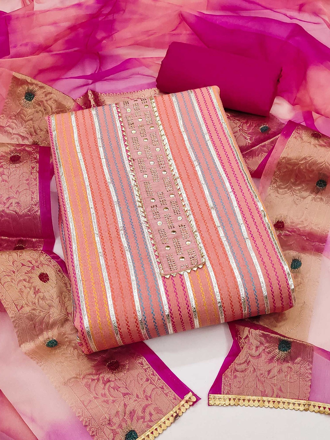 

Peachmode Striped Beads and Stones Pure Cotton Unstitched Dress Material, Pink