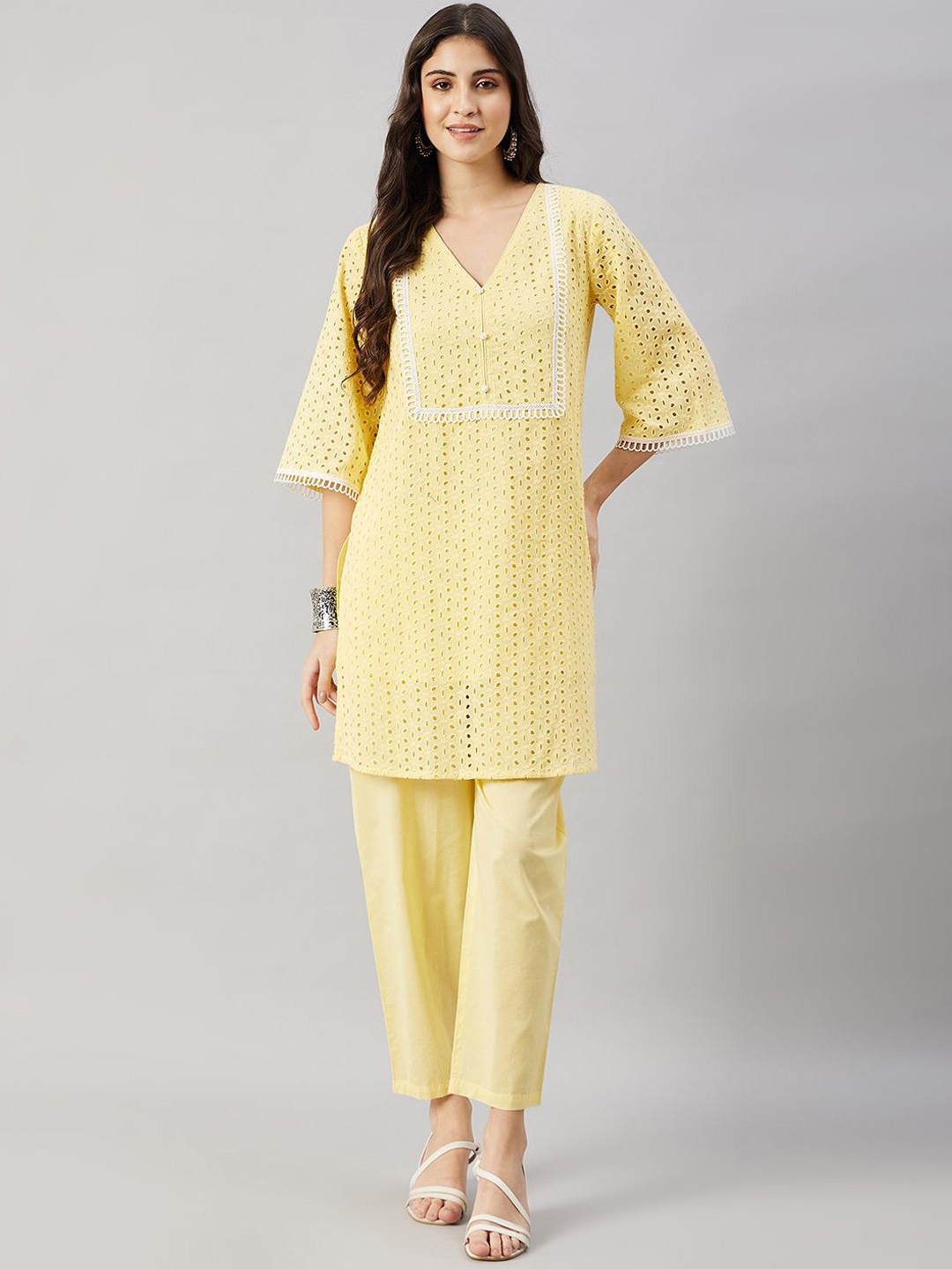 

WineRed Floral Self Design Regular Pure Cotton Straight Kurta With Trouser, Yellow