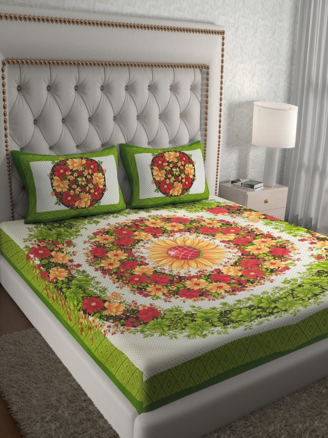 

Aura Green & Red Floral Pure Cotton Pure Cotton 120 TC Queen Bedsheet Set 2.35 x 2.15 Mts