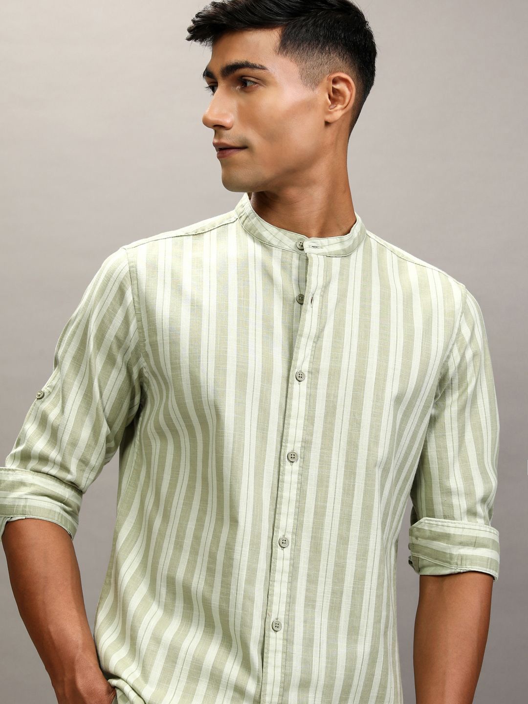 

Highlander Men Cotton Linen Printed Striped Mandarin Collar Casual Shirt, White