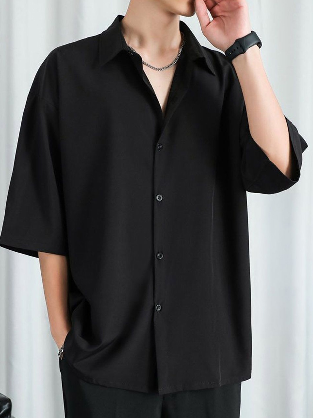 

StyleCast Men Spread Collar Solid Cotton Casual Shirt, Black
