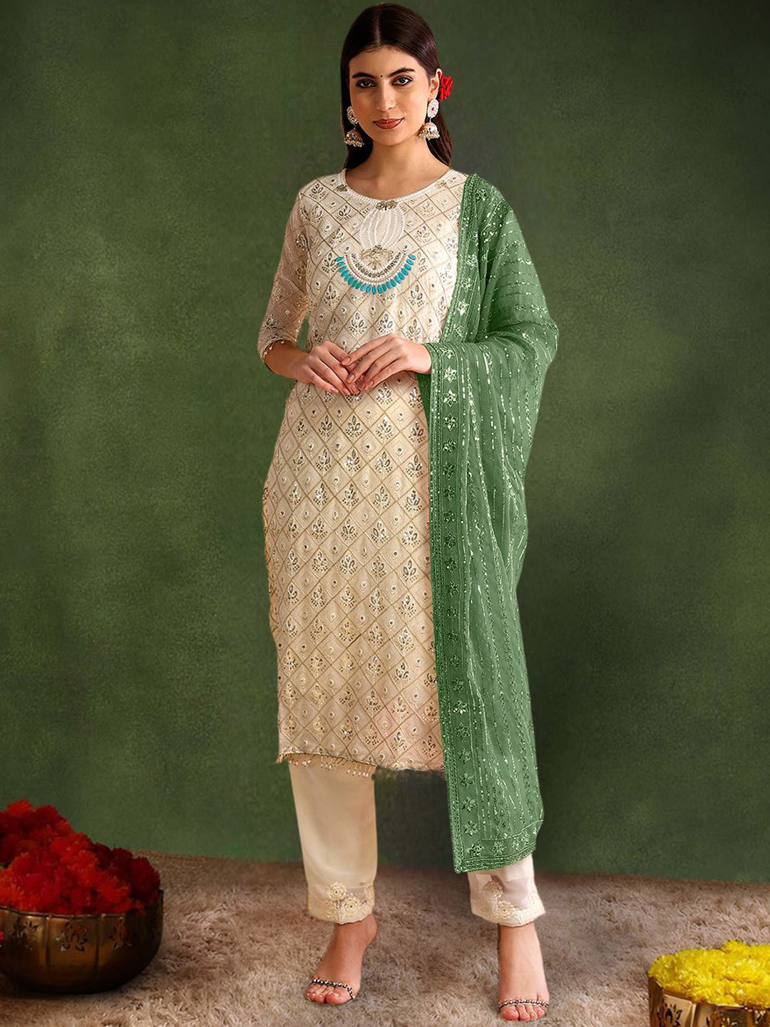 

BHARODIYA ENTERPRISES Embroidered Regular Georgette Straight Kurta with Palazzos & Dupatta, White