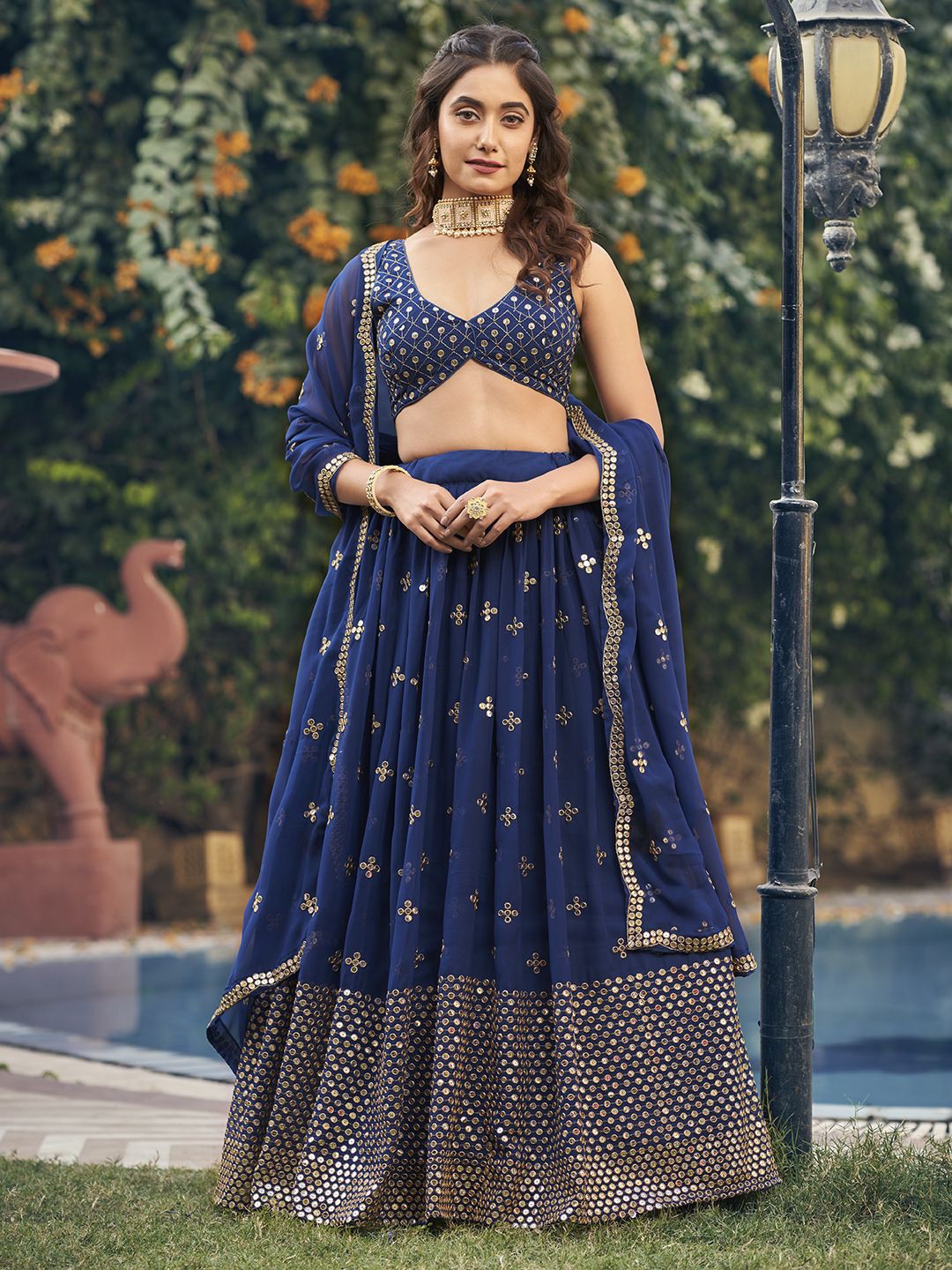 

SHOPGARB Embroidered Thread Work Semi-Stitched Lehenga & Unstitched Blouse With Dupatta, Blue