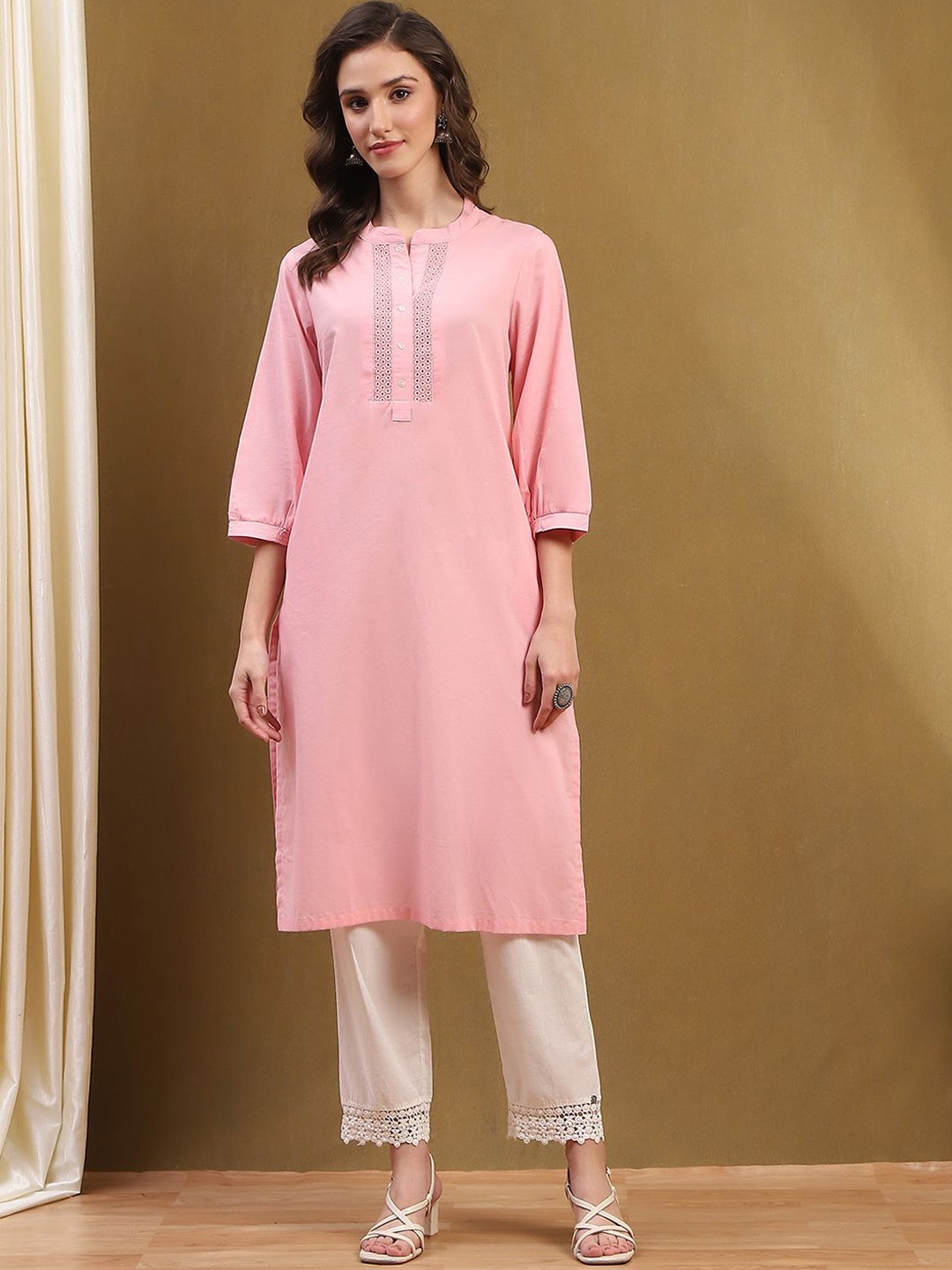 

Biba Mandarin Collar Cotton Straight Kurta, Pink