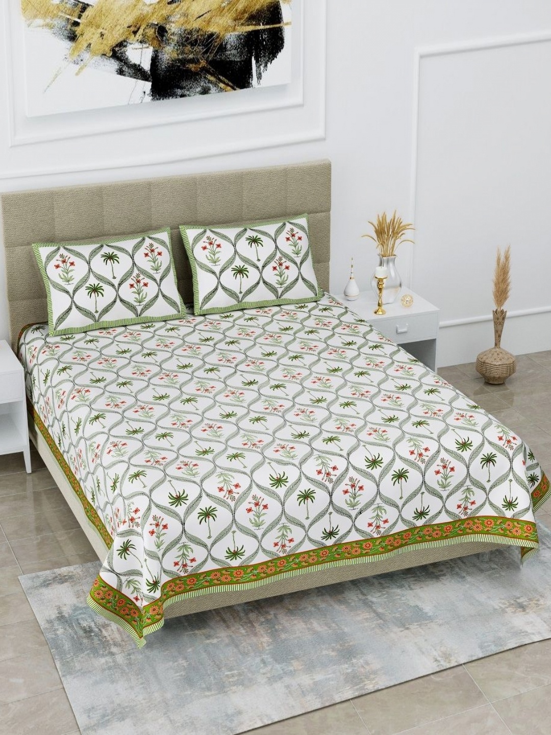 

HOMELINE Green & White Floral Printed Cotton 180 TC King Bedsheet Set 2.74 x 2.54m